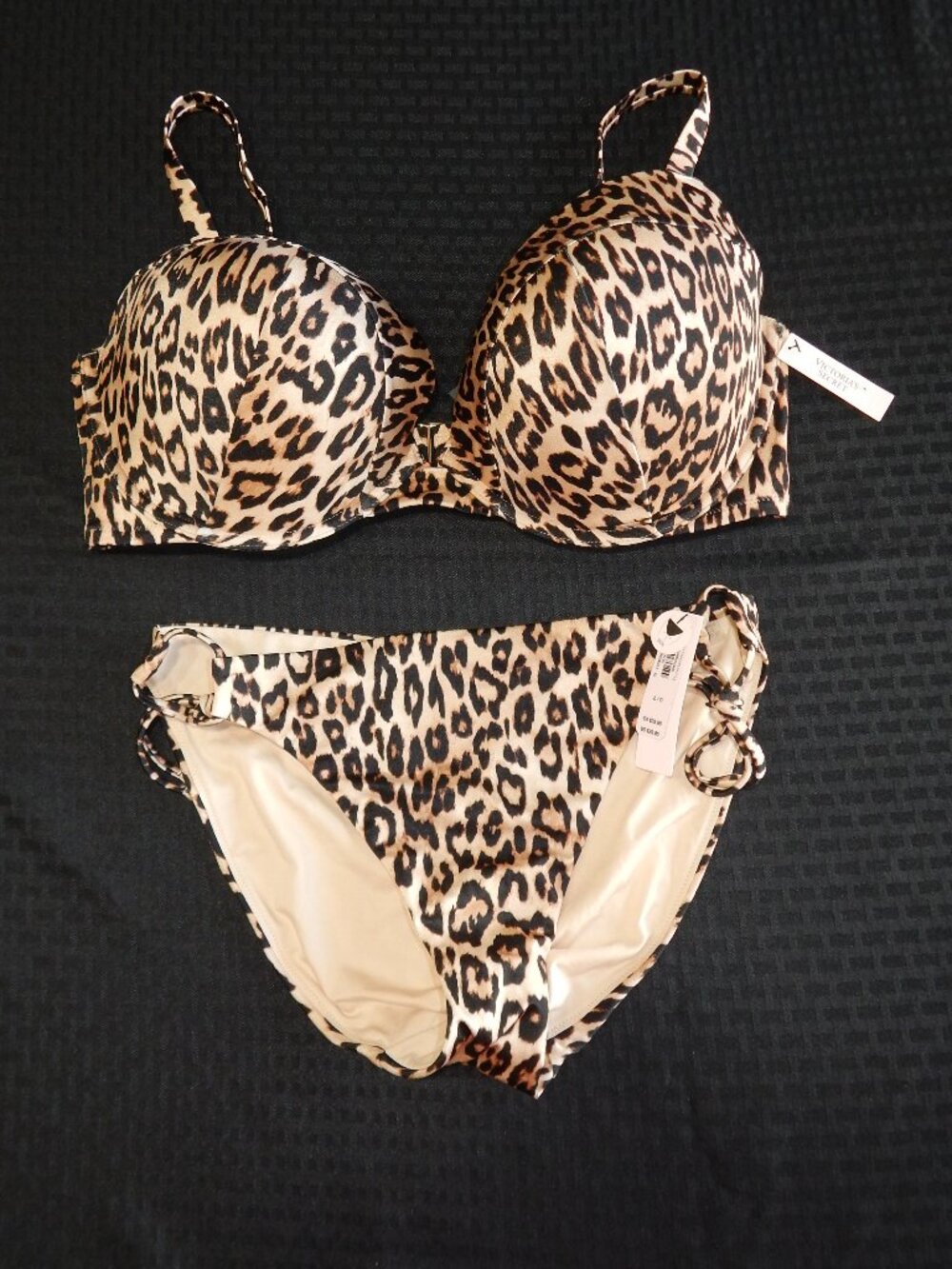 NEW Victorias Secret Swim 38DDD Push Up Top Bikini Set Side Tie Cheeky Leopard L